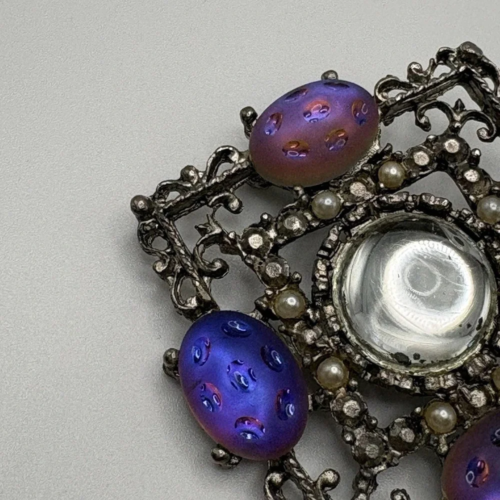 Vintage Molded Moonglow Glass Brooch AB Blue Purple Cabochon Victorian Revival